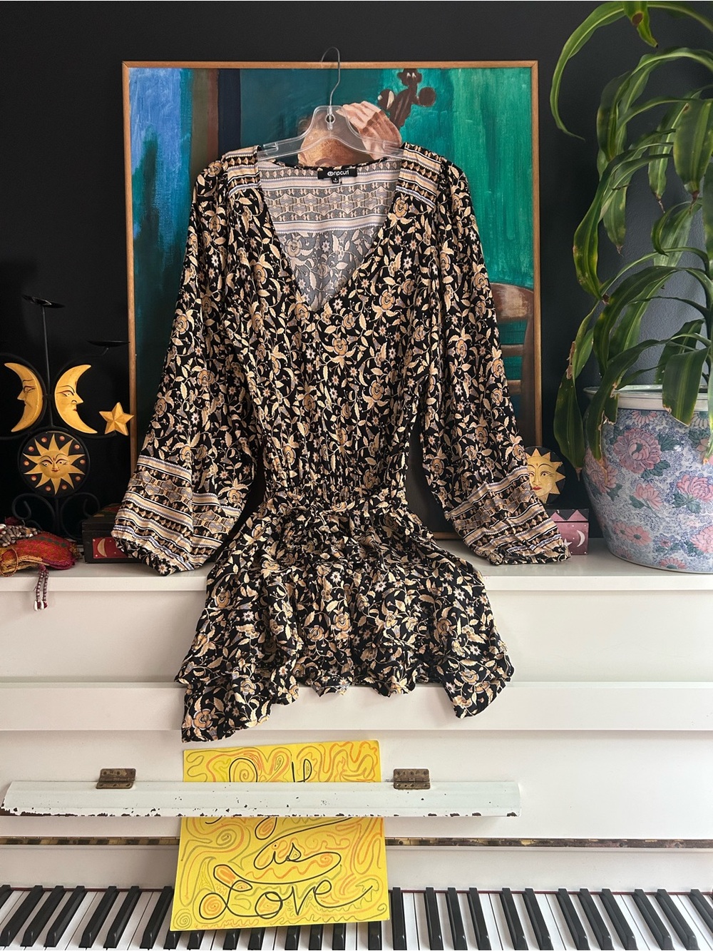 Rip Curl Small Black Tan Floral Boho Mini Dress Long Sleeve V Neck Beachy
